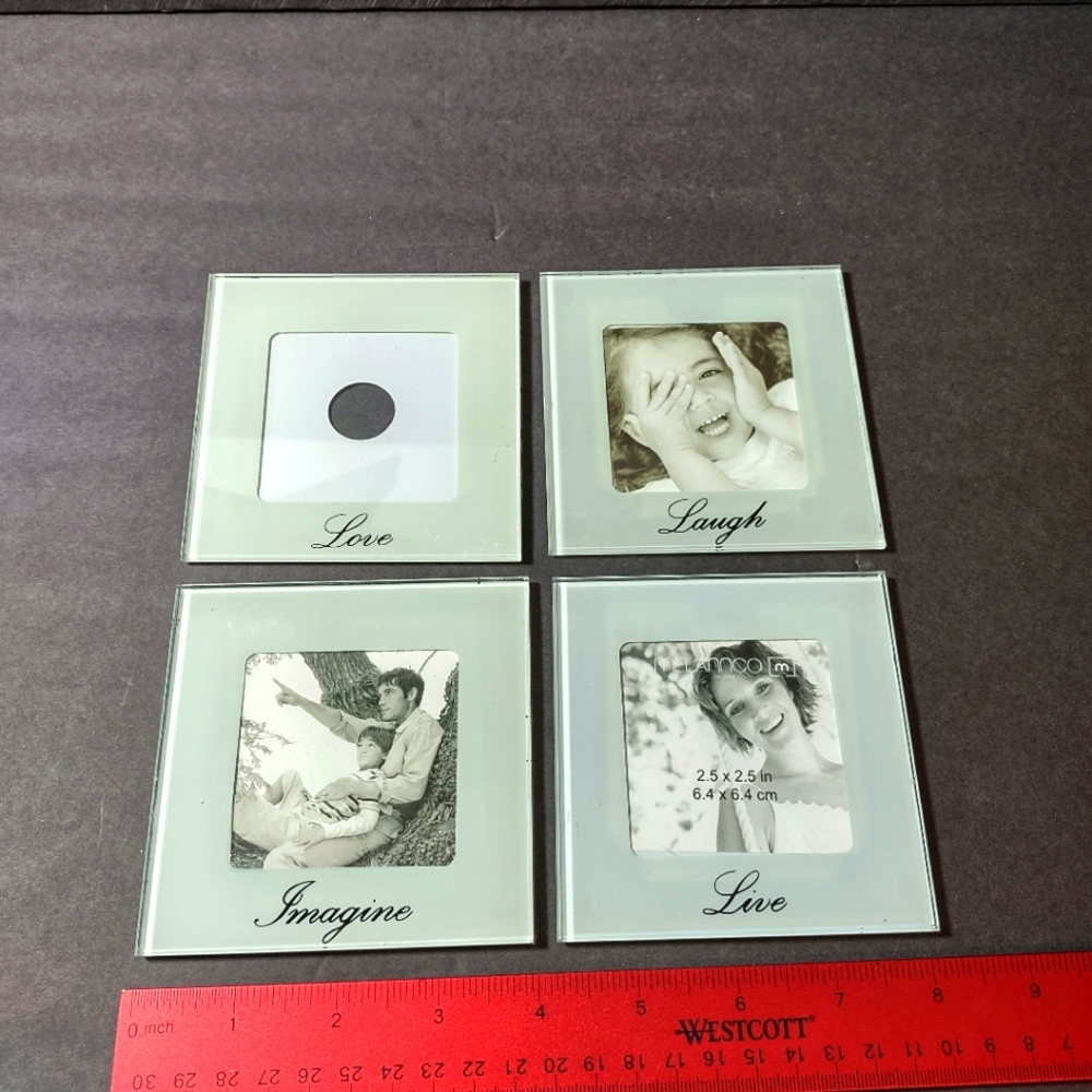Glass Photo Frame Coasters 2.5" x 2.5" Live Laugh Love Imagine Set of 4